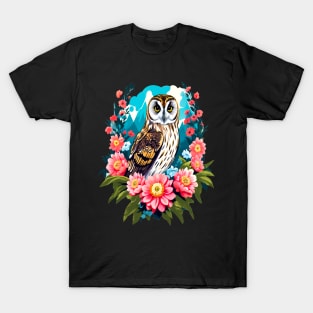 A Cute Short Eared Owl Surrounded by Bold Vibrant Spring Flowers T-Shirt